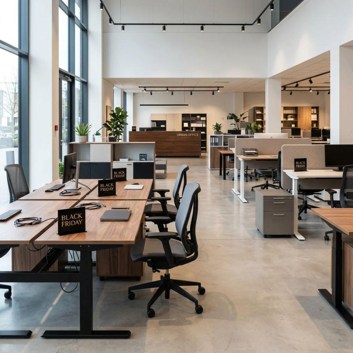 Exposición de sillas ergonómicas, escritorios y muebles de oficina durante la campaña de Black Friday 2026.